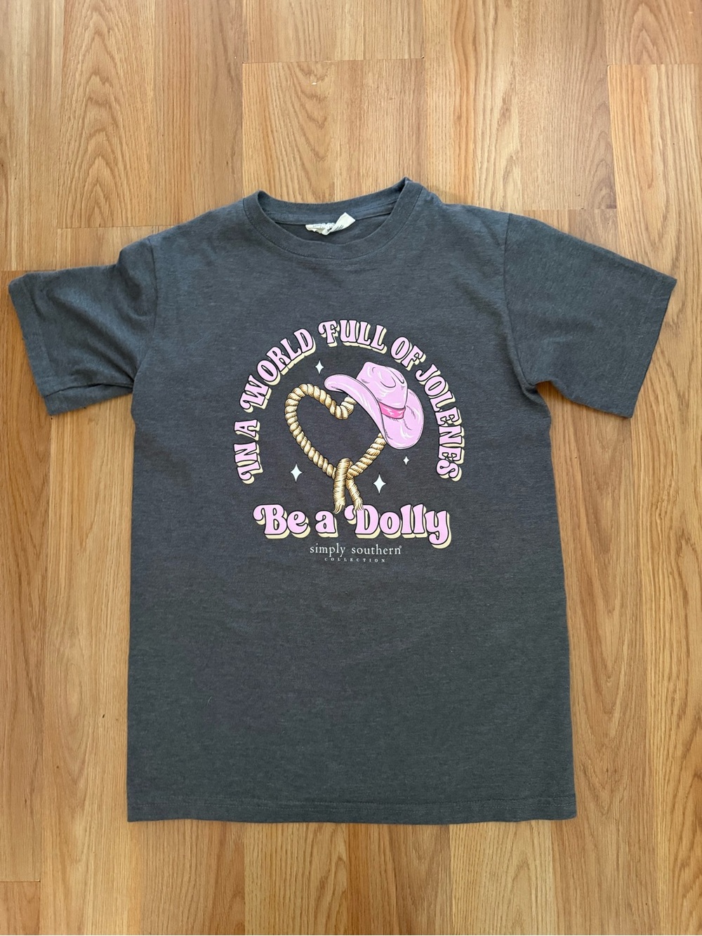 Girls Simply Southern Kids "Be a Dolly" Charcoal Tee with Pink Graphic YL
